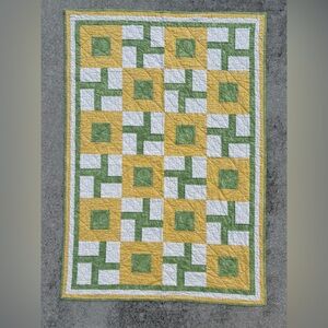Handmade Quilt Geometric Cubes Green and Yellow 58x40